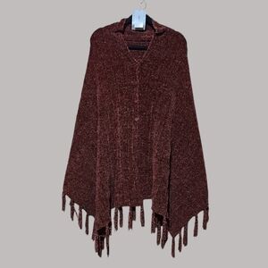 Burgundy Knit Poncho with Fringe
